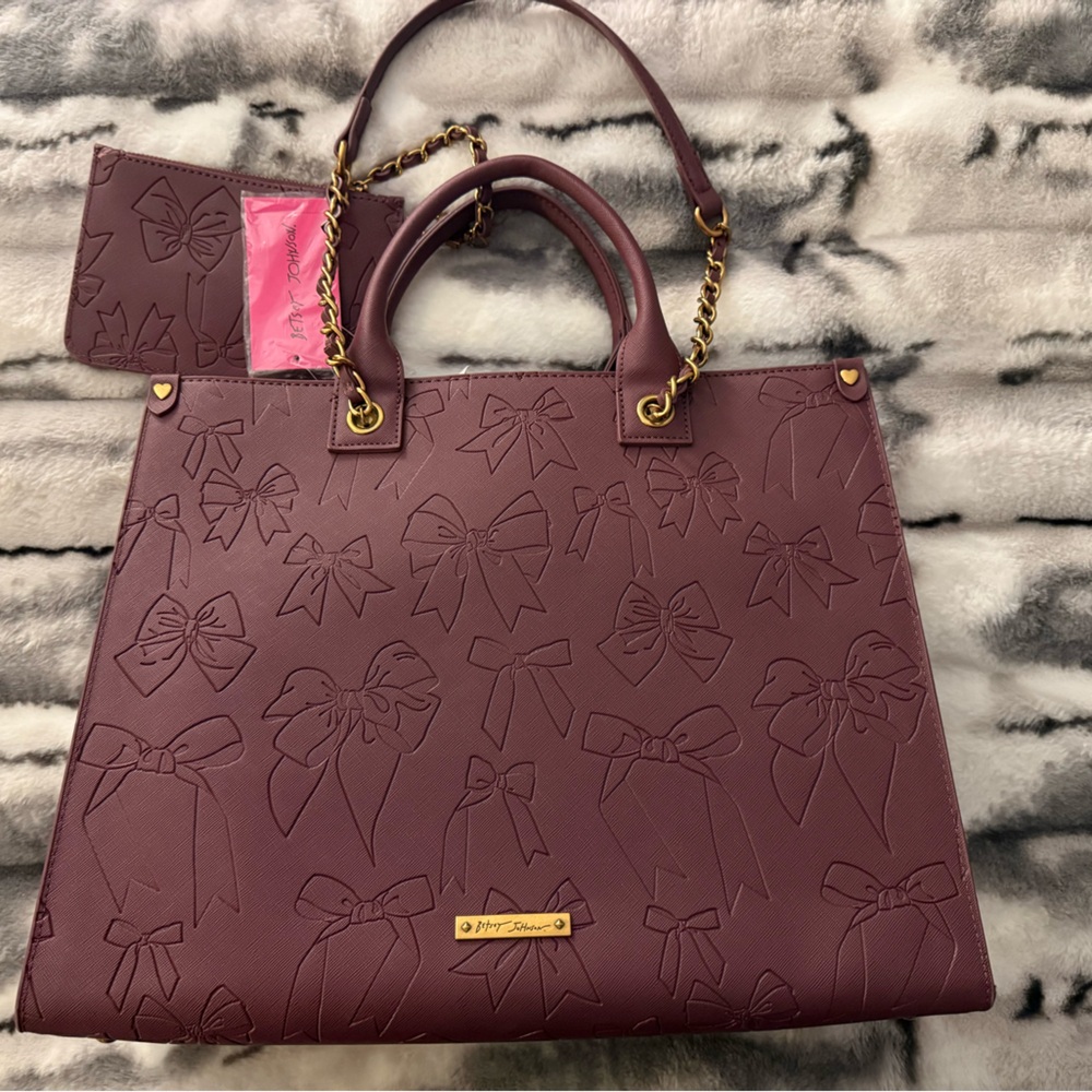 Betsey Johnson Burgundy Bow Embossed Tote with Gold Hardware
